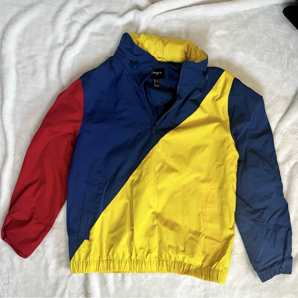 F21 retro quarter-zip jacket, men's windbreaker w/ removable hood